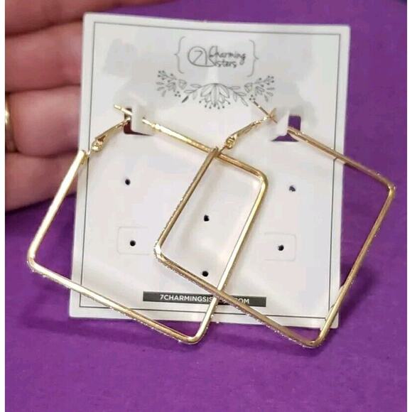 Large Geometric Design Square Hoop Earrings In Gold Tone Metal & Glittery Accent - Picture 2 of 8